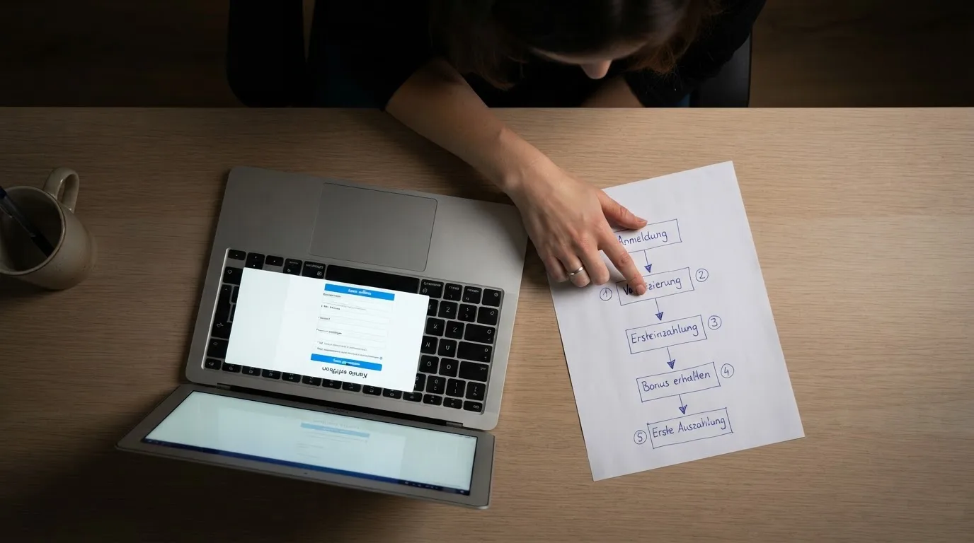Nahaufnahme eines Laptop-Bildschirms mit einem Formular zur Kontoeroeffnung, daneben ein Blatt Papier mit einer handgezeichneten Ablaufskizze.