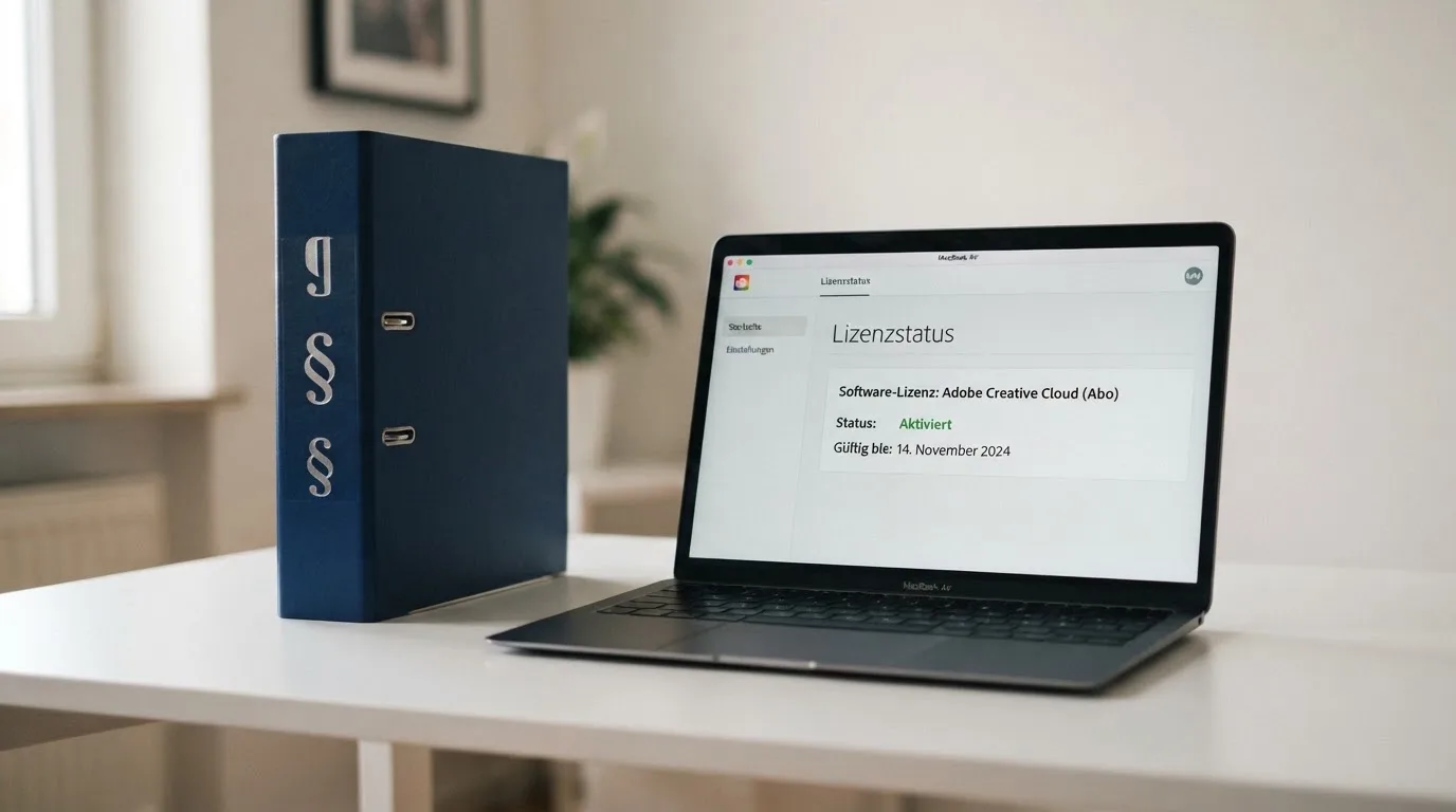 Nahaufnahme eines Aktenordners mit Paragraphenzeichen auf dem Ruecken, daneben ein aufgeklapptes Notebook mit einer Uebersichtsliste lizenzierter Anbieter.