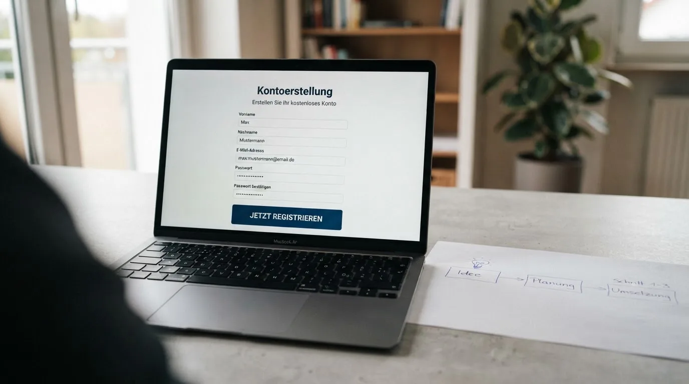 Nahaufnahme eines Laptop-Bildschirms mit einem Formular zur Kontoeroeffnung, daneben ein Blatt Papier mit einer handgezeichneten Ablaufskizze.