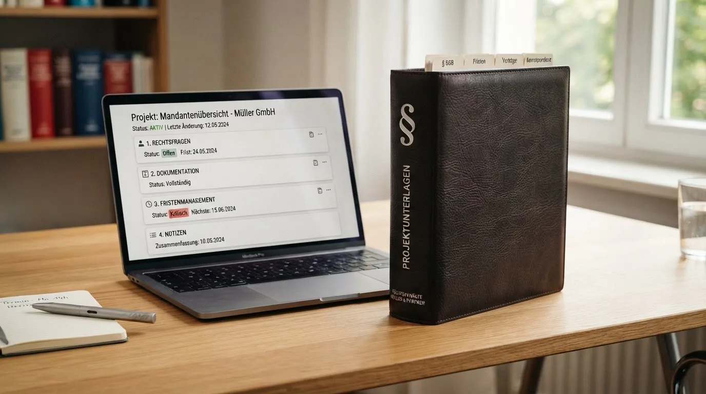 Nahaufnahme eines Aktenordners mit Paragraphenzeichen auf dem Ruecken, daneben ein aufgeklapptes Notebook mit einer Uebersichtsliste lizenzierter Anbieter.