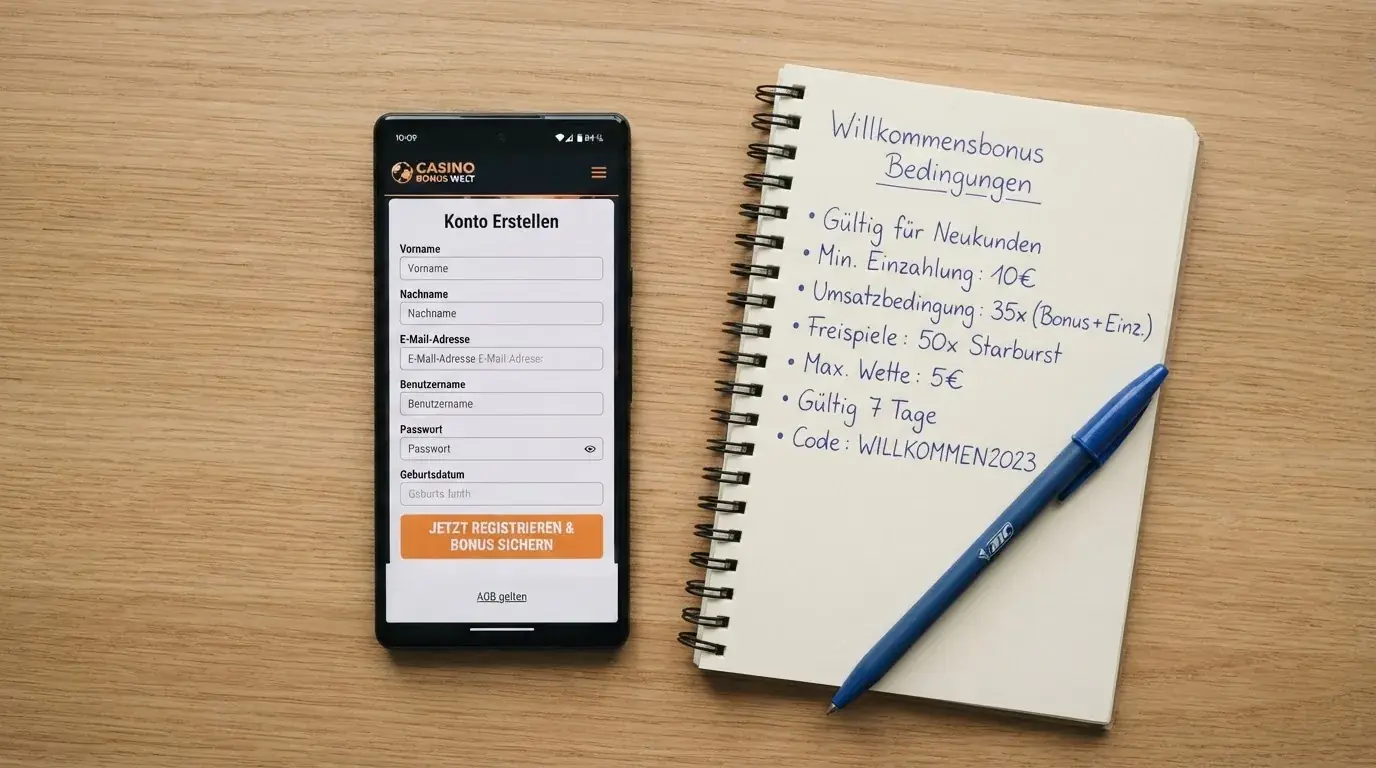 Draufsicht auf ein Smartphone mit einer geoeffneten Registrierungsmaske fuer ein Spielerkonto, daneben ein Notizblock mit handschriftlichen Bonusbedingungen.