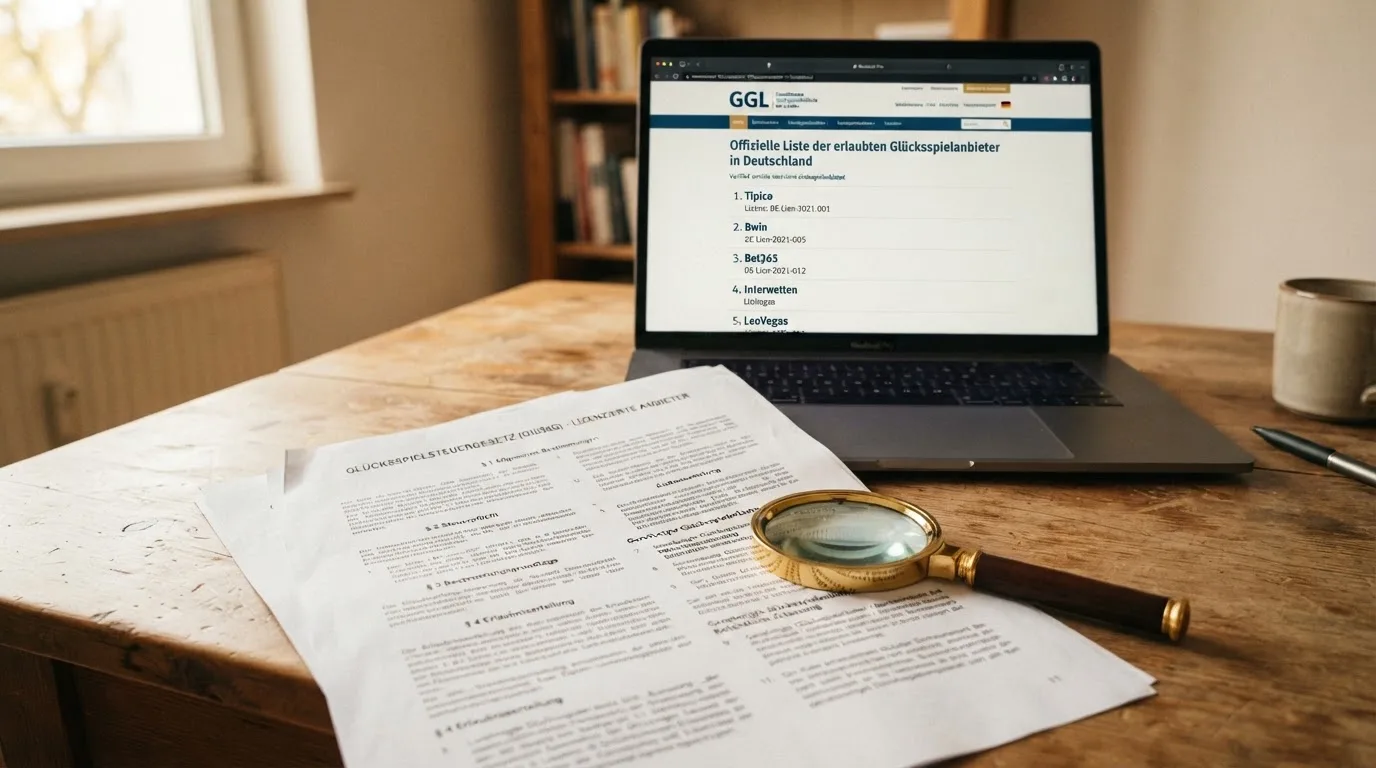 Schreibtisch mit einem ausgedruckten Gesetzestext, einer Lupe und einem Laptop, auf dessen Bildschirm eine Behoerdenwebsite mit einer Liste erlaubter Anbieter zu sehen ist.