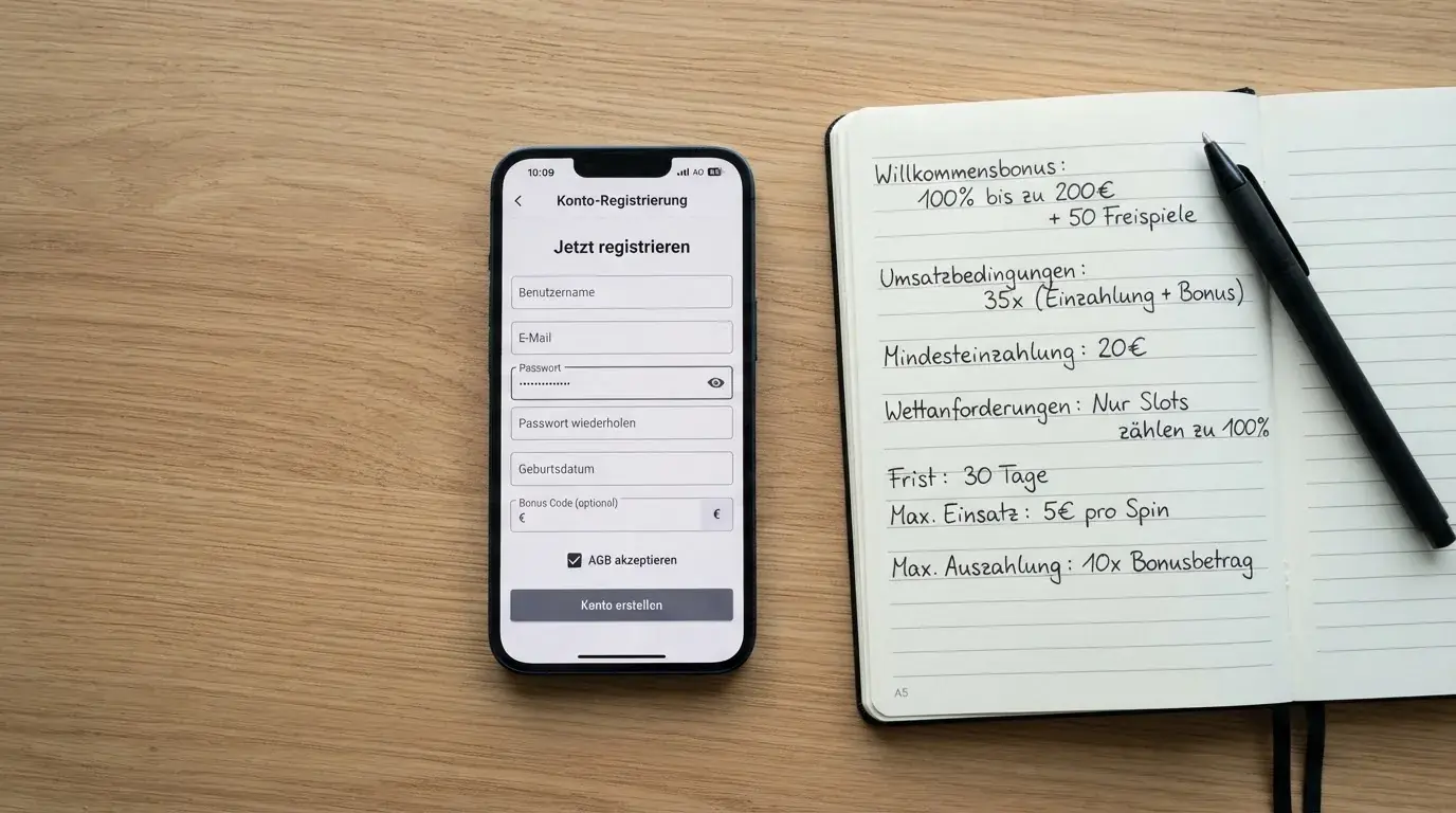 Draufsicht auf ein Smartphone mit einer geoeffneten Registrierungsmaske fuer ein Spielerkonto, daneben ein Notizblock mit handschriftlichen Bonusbedingungen.