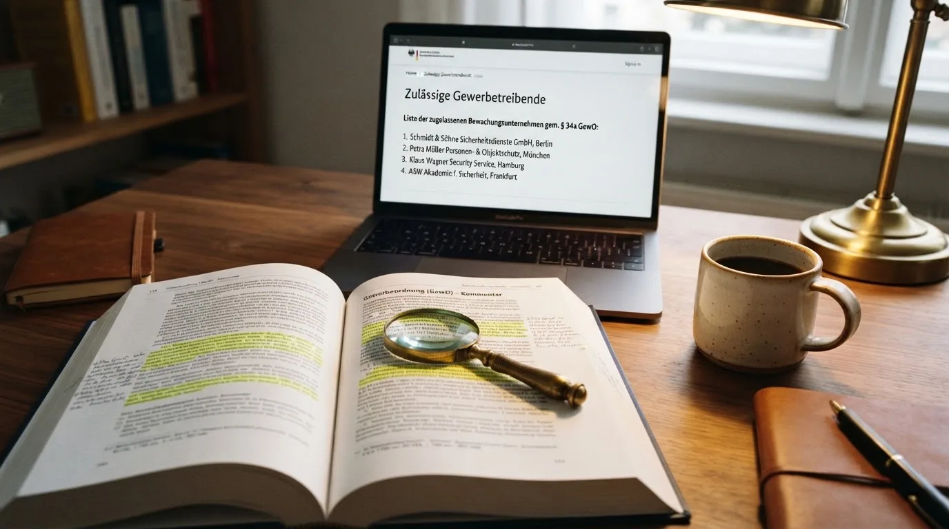 Schreibtisch mit einem ausgedruckten Gesetzestext, einer Lupe und einem Laptop, auf dessen Bildschirm eine Behoerdenwebsite mit einer Liste erlaubter Anbieter zu sehen ist.