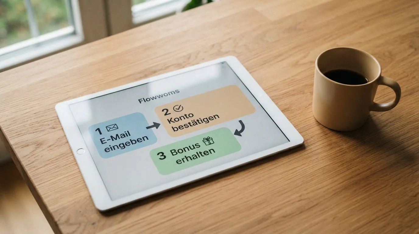 Schreibtisch mit einem Tablet, auf dem ein Schema mit nummerierten Schritten eines Anmeldevorgangs zu sehen ist, daneben ein Kaffeebecher.