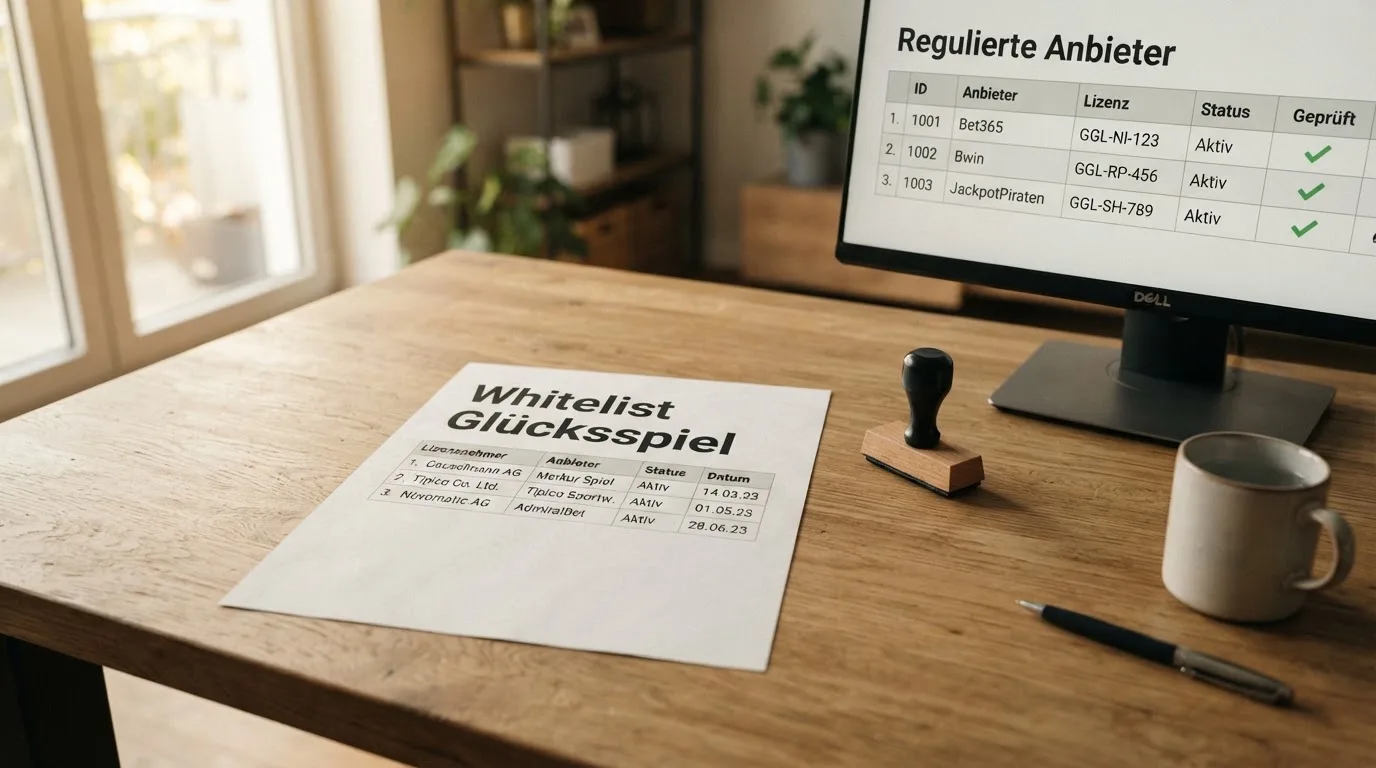 Schreibtisch mit einem gedruckten Amtsdokument, einem Stempel und einem Bildschirm, auf dem eine offizielle Whitelist-Tabelle angezeigt wird.