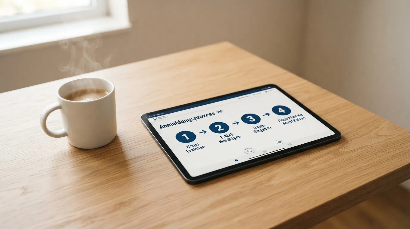 Schreibtisch mit einem Tablet, auf dem ein Schema mit nummerierten Schritten eines Anmeldevorgangs zu sehen ist, daneben ein Kaffeebecher.