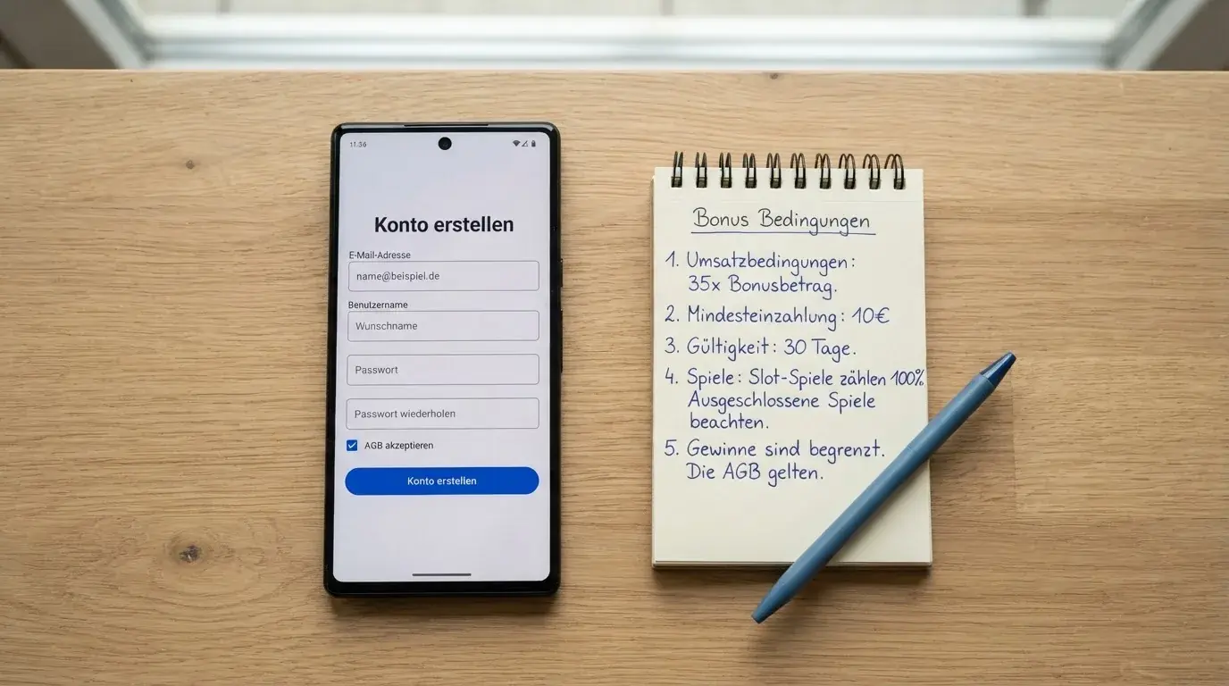 Draufsicht auf ein Smartphone mit einer geoeffneten Registrierungsmaske fuer ein Spielerkonto, daneben ein Notizblock mit handschriftlichen Bonusbedingungen.