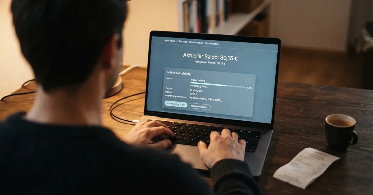 Nahaufnahme eines Laptop-Bildschirms mit einer Kontouebersicht, auf der ein Guthabenbetrag in Euro und ein Auszahlungsstatus zu sehen sind.
