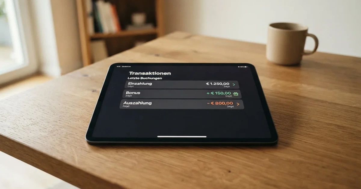 Nahaufnahme eines Tablet-Bildschirms mit einer Transaktionsliste, in der Einzahlung, Bonusgutschrift und Auszahlungsstatus untereinander aufgefuehrt sind.