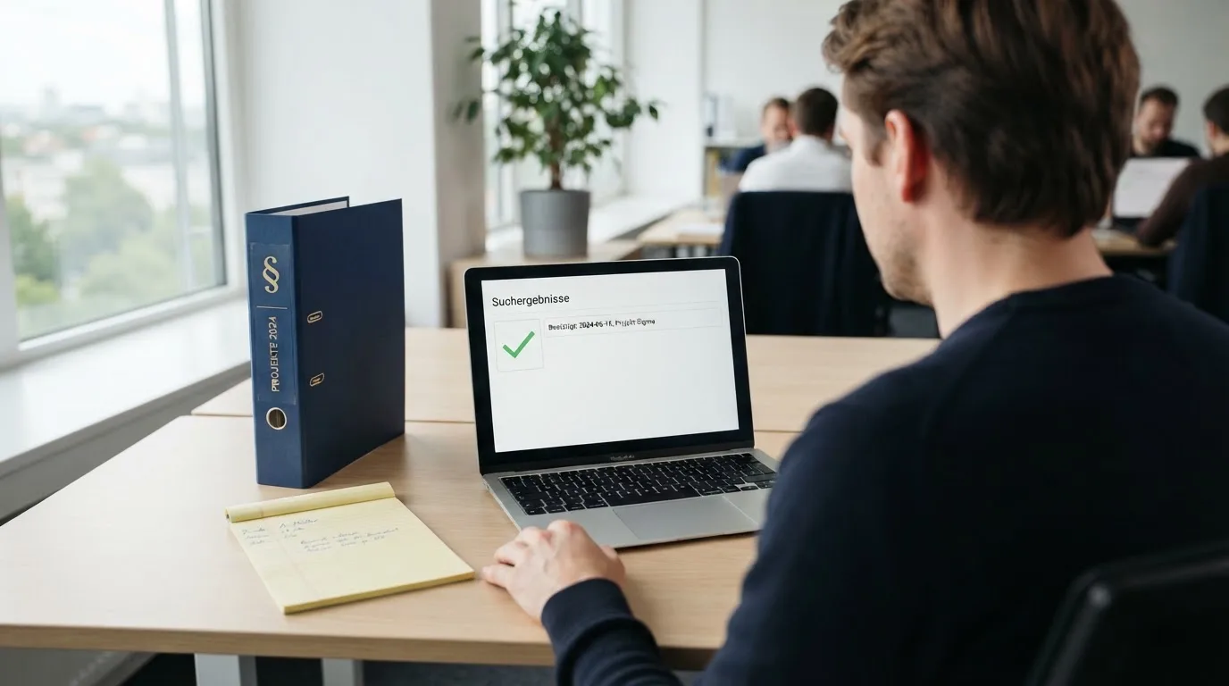 Nahaufnahme eines Aktenordners mit Paragraphenzeichen auf dem Ruecken, daneben ein aufgeklapptes Notebook mit einer Uebersichtsliste lizenzierter Anbieter.