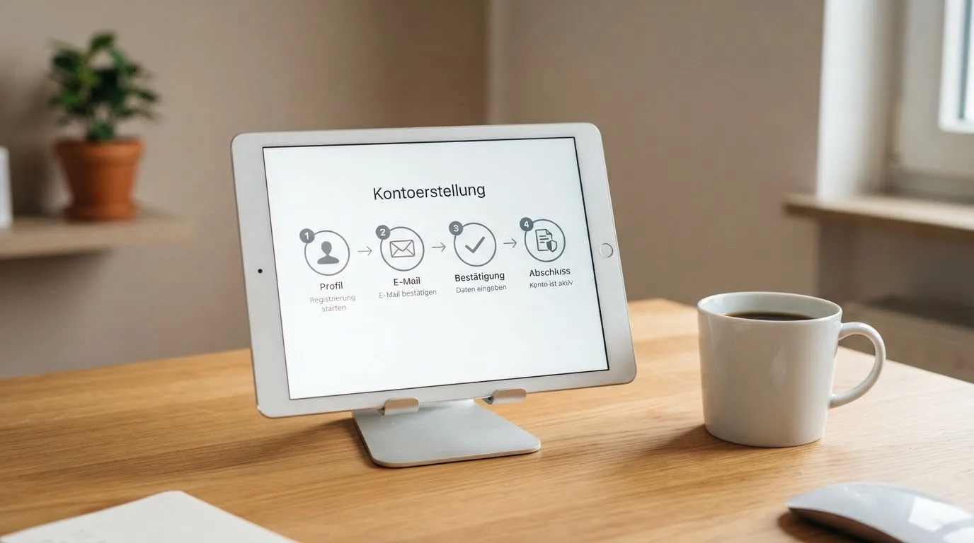Schreibtisch mit einem Tablet, auf dem ein Schema mit nummerierten Schritten eines Anmeldevorgangs zu sehen ist, daneben ein Kaffeebecher.