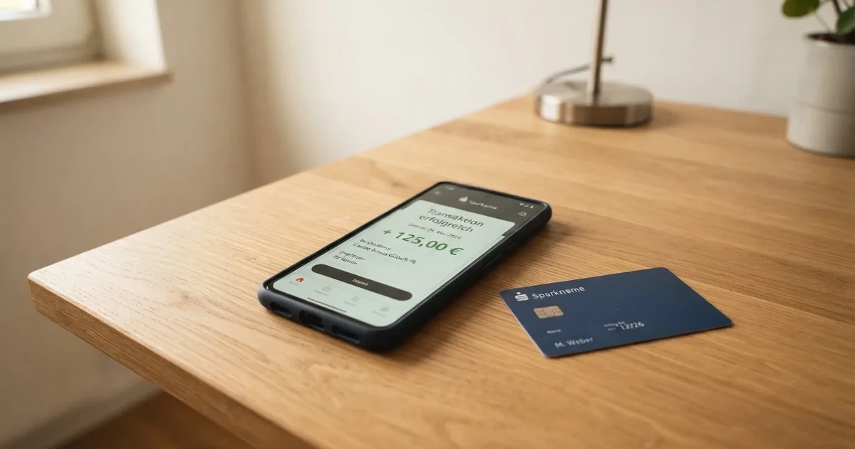 Schreibtisch mit einem Smartphone, auf dessen Bildschirm eine Kontobewegung mit Datum und Betrag in Euro angezeigt wird, daneben eine Bankkarte.
