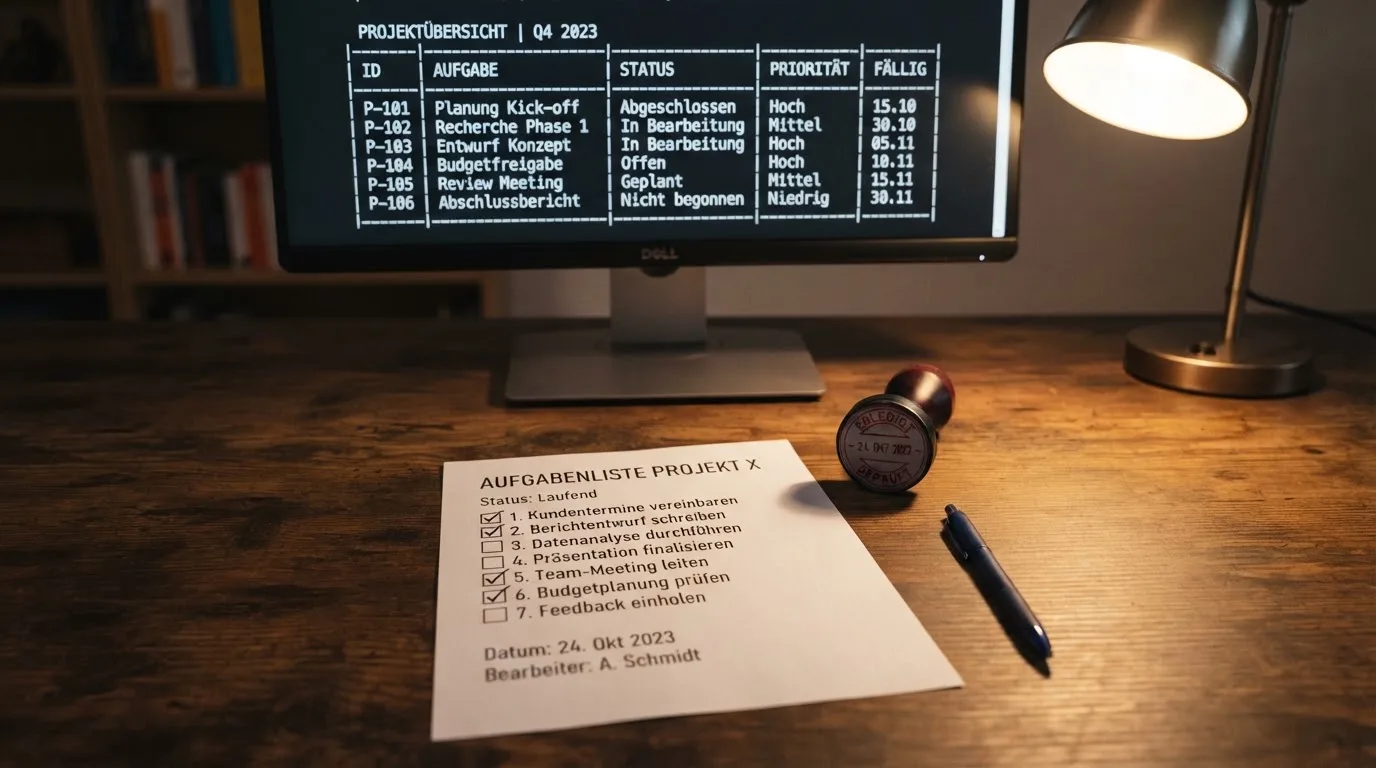 Schreibtisch mit einem gedruckten Amtsdokument, einem Stempel und einem Bildschirm, auf dem eine offizielle Whitelist-Tabelle angezeigt wird.