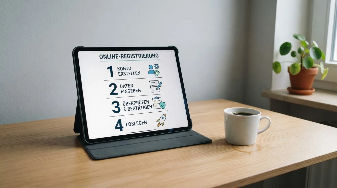 Schreibtisch mit einem Tablet, auf dem ein Schema mit nummerierten Schritten eines Anmeldevorgangs zu sehen ist, daneben ein Kaffeebecher.