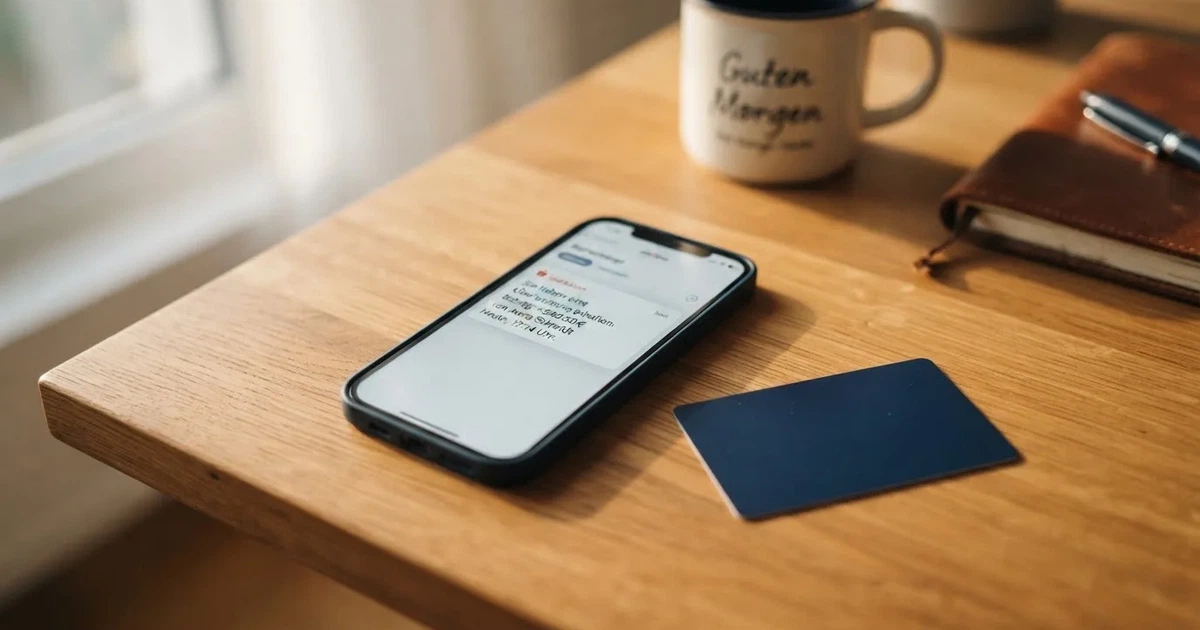 Schreibtisch mit einem Smartphone, auf dessen Bildschirm eine Kontobewegung mit Datum und Betrag in Euro angezeigt wird, daneben eine Bankkarte.