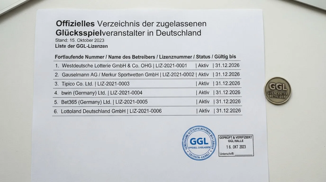 Nahaufnahme einer gedruckten Liste zugelassener Anbieter neben einem amtlichen Prüfsiegel.