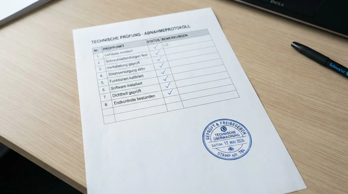 Nahaufnahme einer gedruckten Anbieterliste neben einem amtlichen Prüfsiegel.