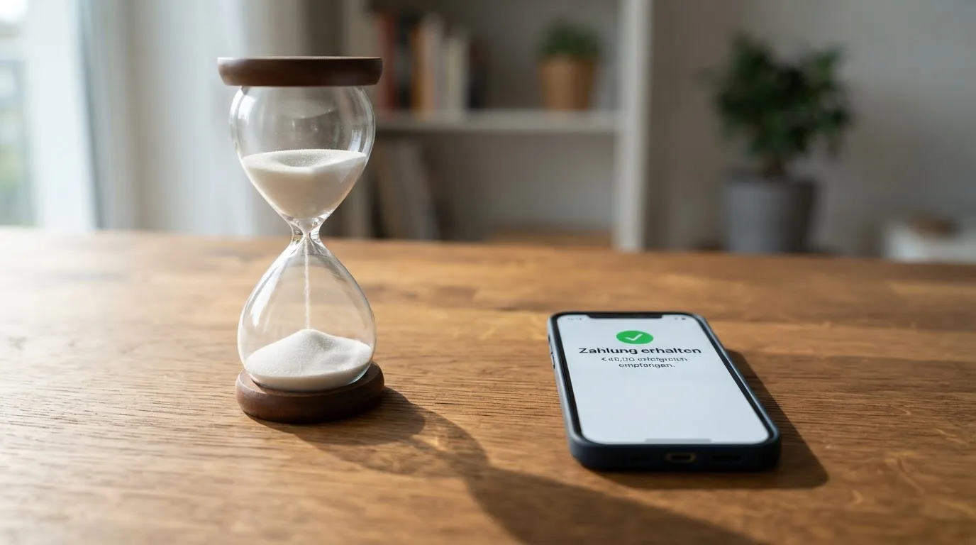 Nahaufnahme einer Sanduhr neben einem Smartphone-Bildschirm mit einer Zahlungsbestätigung.