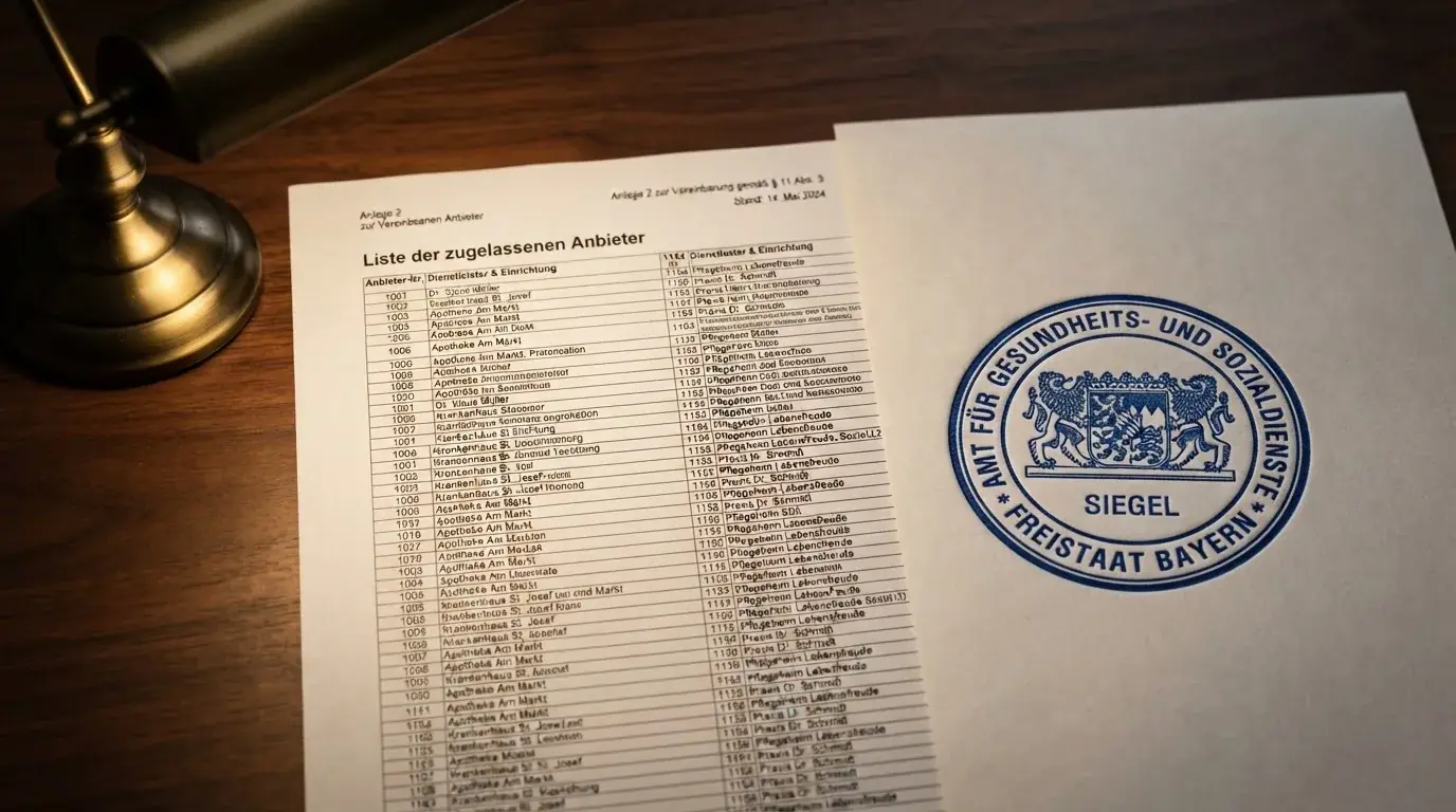 Nahaufnahme einer gedruckten Anbieterliste neben einem amtlichen Prüfsiegel.