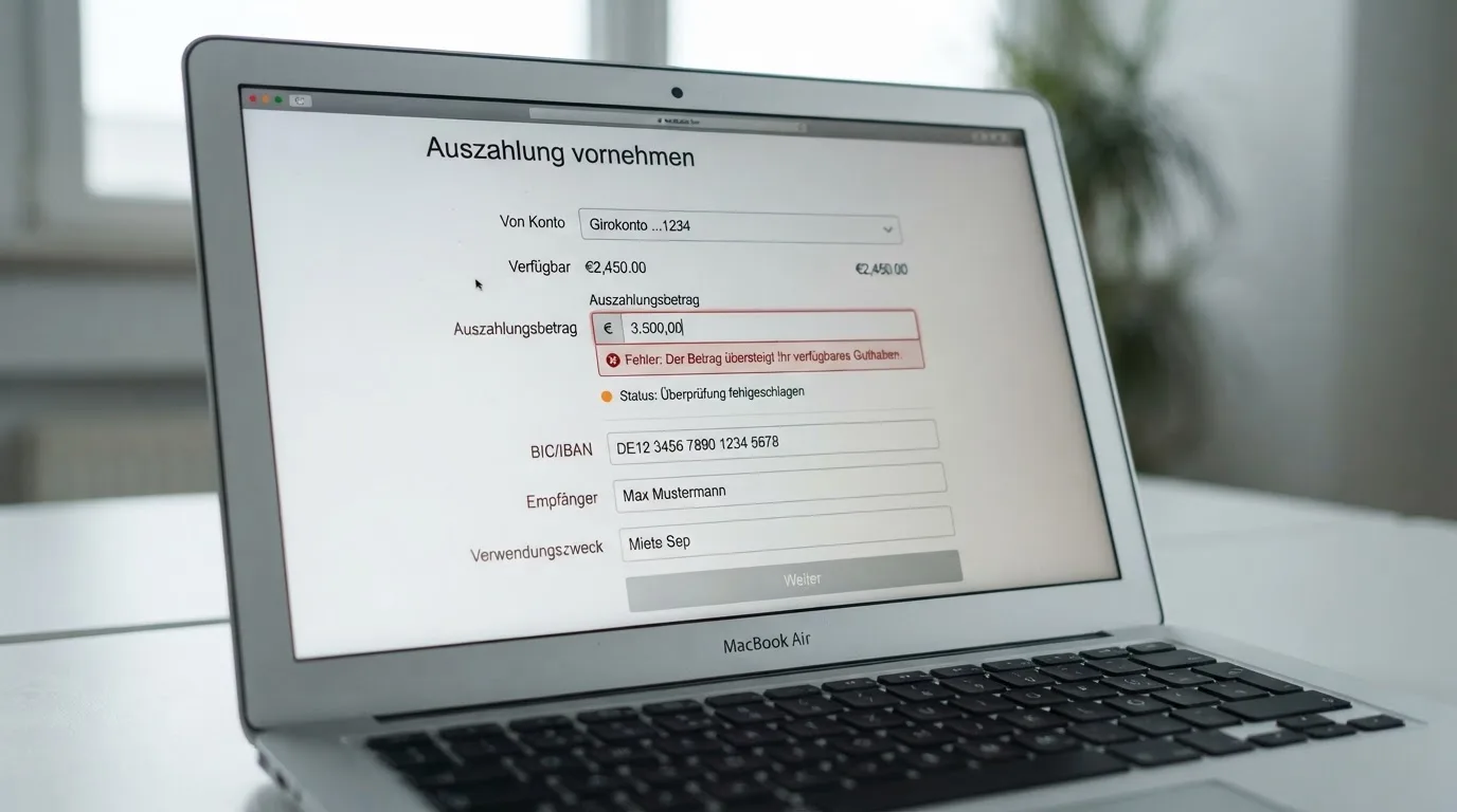 Nahaufnahme eines Bildschirms mit einer Fehlermeldung neben einem Auszahlungsformular.
