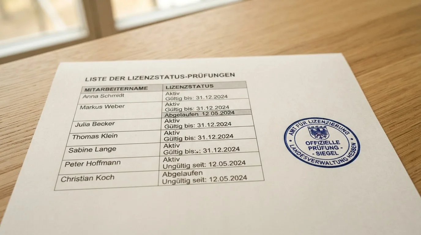 Nahaufnahme einer gedruckten Anbieterliste neben einem amtlichen Prüfsiegel.