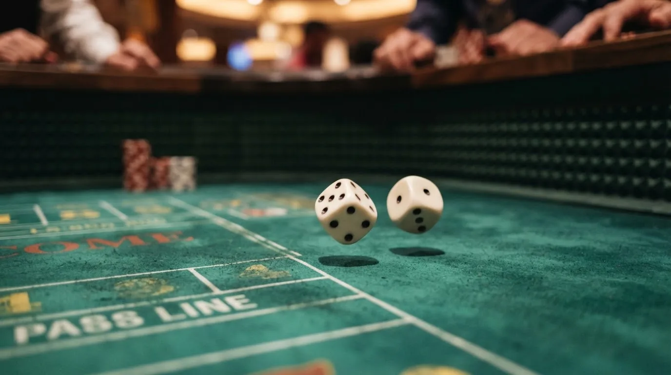Nahaufnahme zweier rollender Würfel auf einem grünen Spieltisch.
