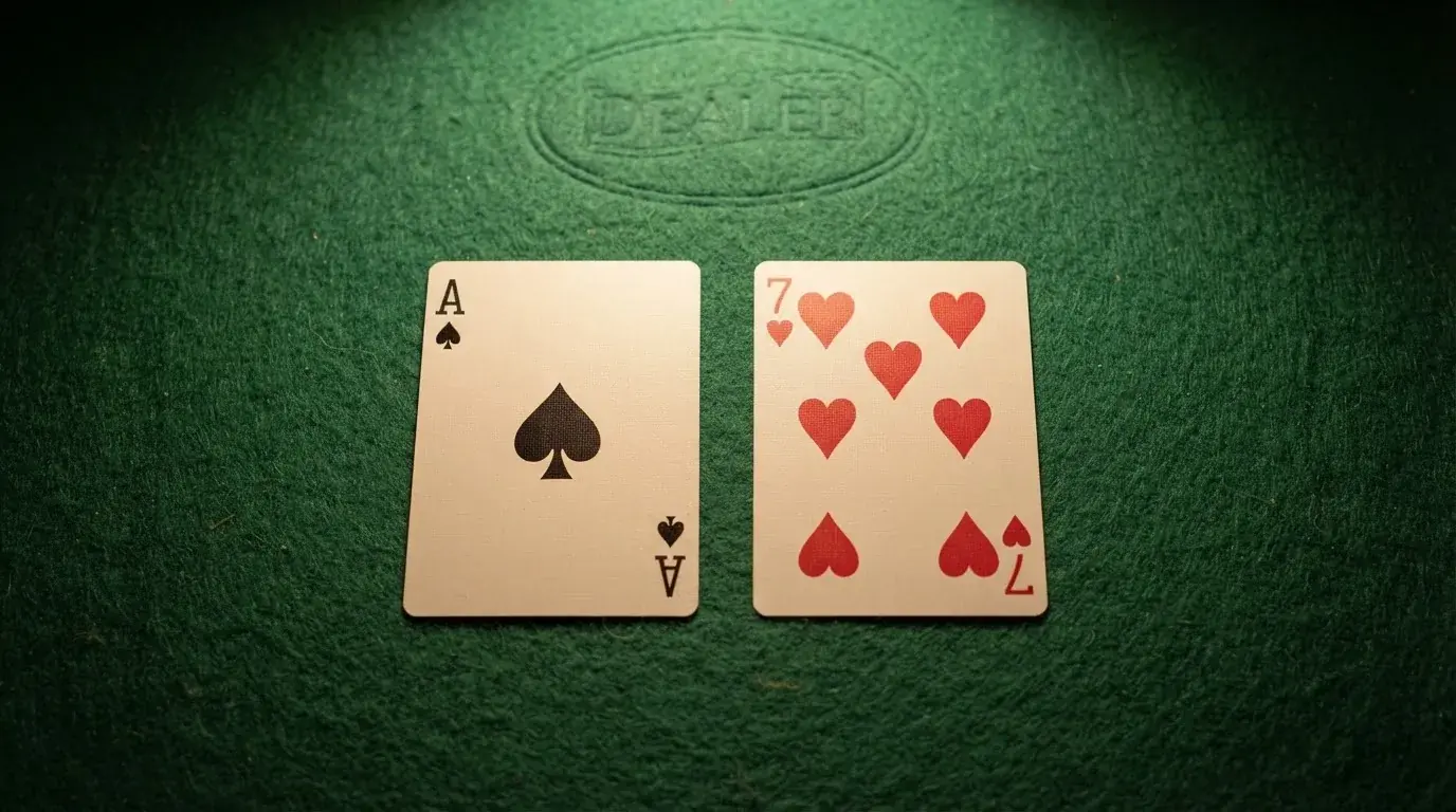Nahaufnahme zweier aufgedeckter Spielkarten neben einem grünen Kartentisch.