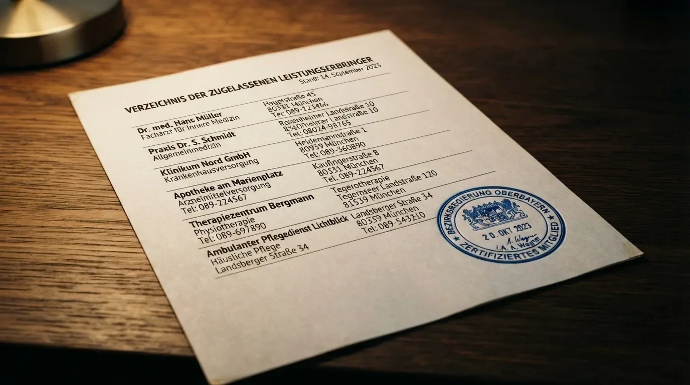 Nahaufnahme einer gedruckten Anbieterliste neben einem amtlichen Prüfsiegel.