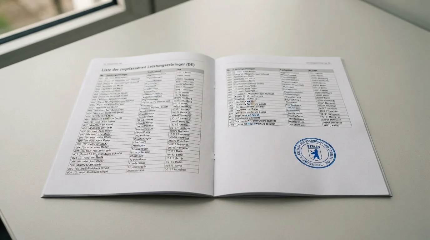 Nahaufnahme einer gedruckten Anbieterliste neben einem amtlichen Prüfsiegel.