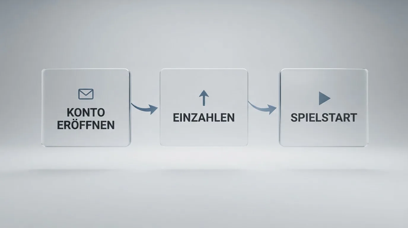 Schematische Illustration eines Ablaufdiagramms mit Pfeilen zwischen Kontoeröffnung, Einzahlung und Spielstart.