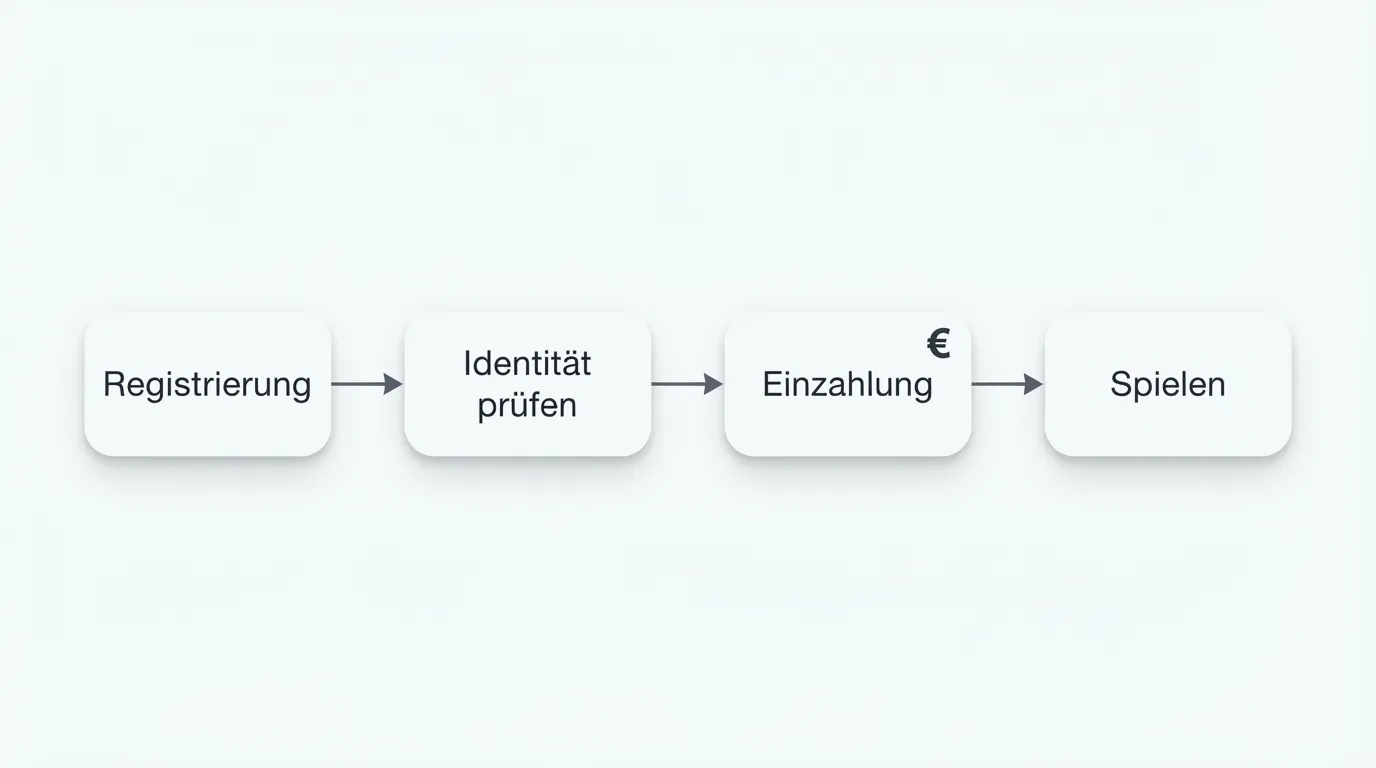 Schematische Darstellung eines Ablaufs von Kontoeröffnung über Identitätsprüfung bis zur ersten Einzahlung als einfaches Liniendiagramm.