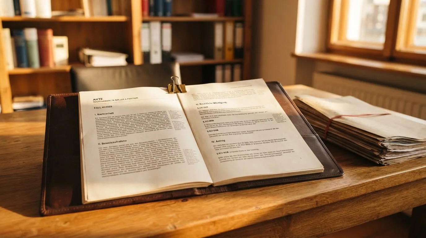Aktenordner mit Paragraphenzeichen und Gesetzestext auf einem Holztisch.