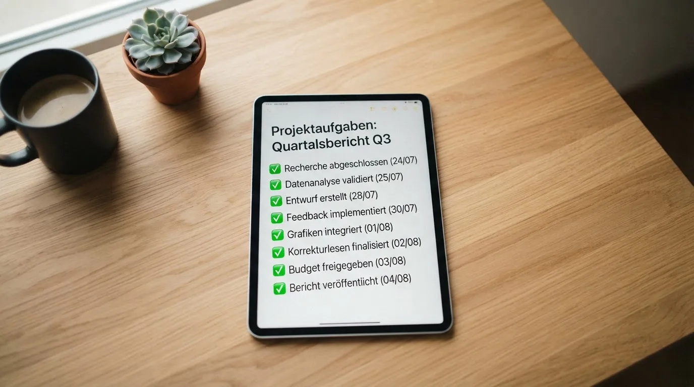 Tablet mit einer digitalen Liste und Häkchen-Symbolen auf einem Schreibtisch.