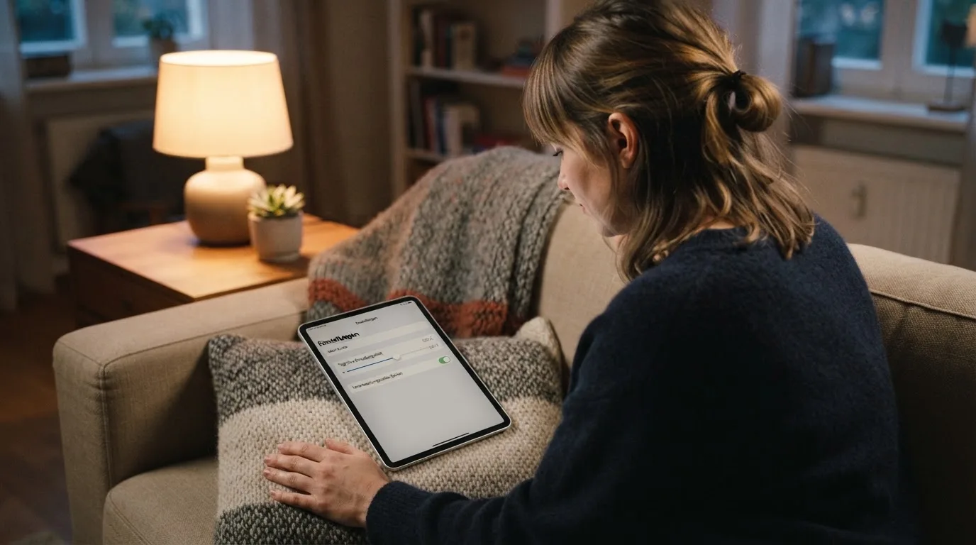 Person betrachtet nachdenklich eine App mit Einstellungsmenü auf einem Tablet in einem ruhigen Wohnzimmer.
