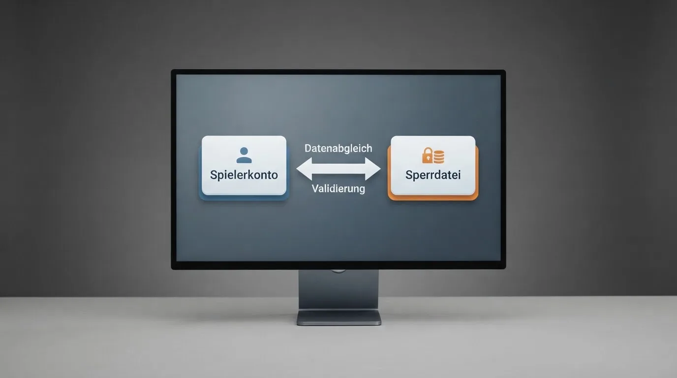 Schema eines Datenabgleichs zwischen einem Spielerkonto und einer zentralen Sperrdatei auf einem Monitor.