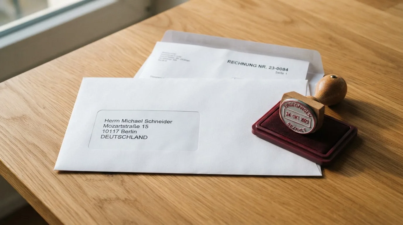 Briefumschlag mit Adressaufkleber auf einem Schreibtisch neben einem Aktenstempel.