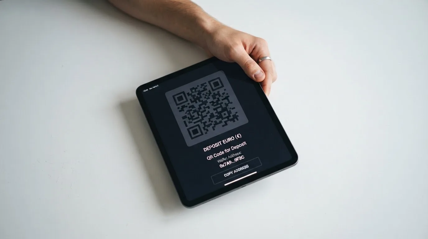 Nahaufnahme einer Hand, die auf einem Tablet einen QR-Code für eine Kryptowährungs-Einzahlung scannt.