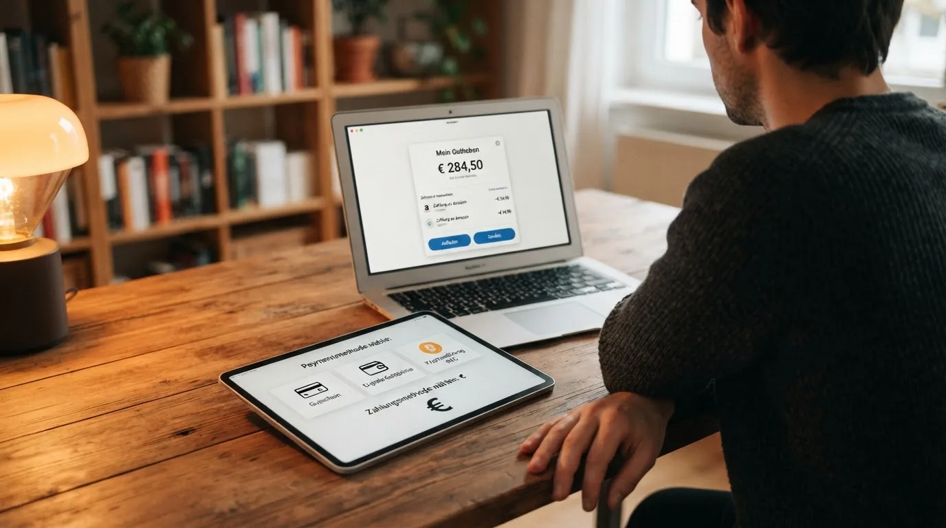 Person zeigt auf einem Tablet eine Liste von Zahlungsmethoden, während im Hintergrund ein Laptop mit einer Wallet-App steht.