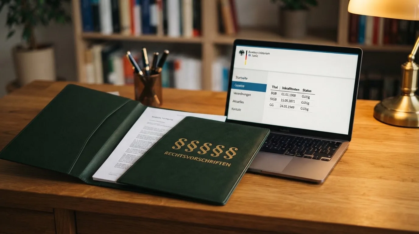 Nahaufnahme eines Aktenordners mit Paragraphenzeichen neben einem Computerbildschirm mit einer Behördenseite.