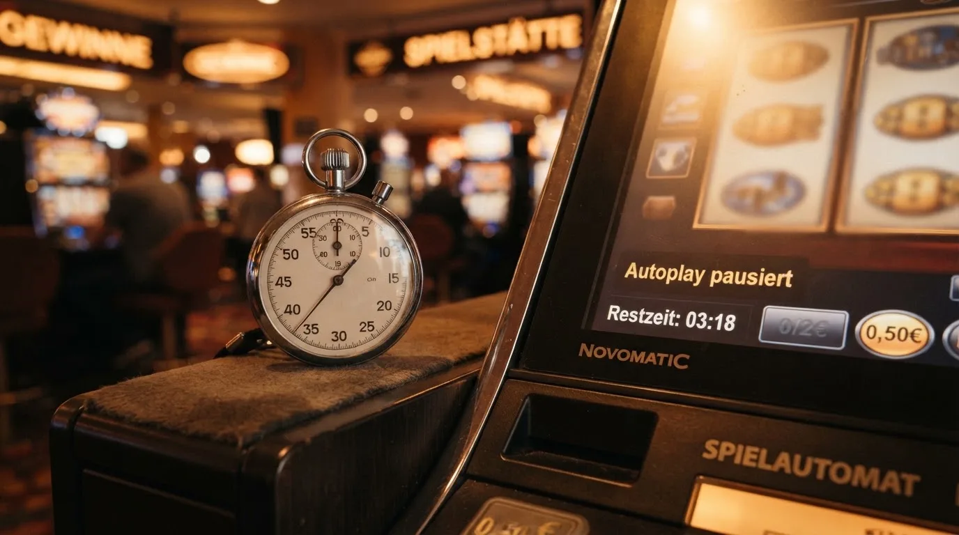 Symbolbild einer Stoppuhr neben einem Spielautomaten-Bildschirm, das ein Zeitintervall andeutet.