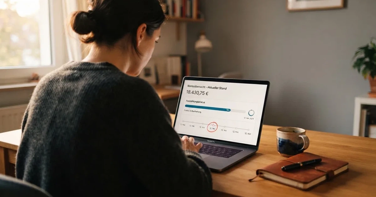 Person prüft am Laptop eine Kontoübersicht mit Auszahlungsstatus und Kalenderdatum.