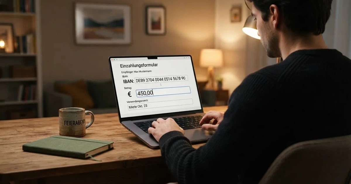 Person gibt am Laptop eine IBAN in ein Einzahlungsformular ein.