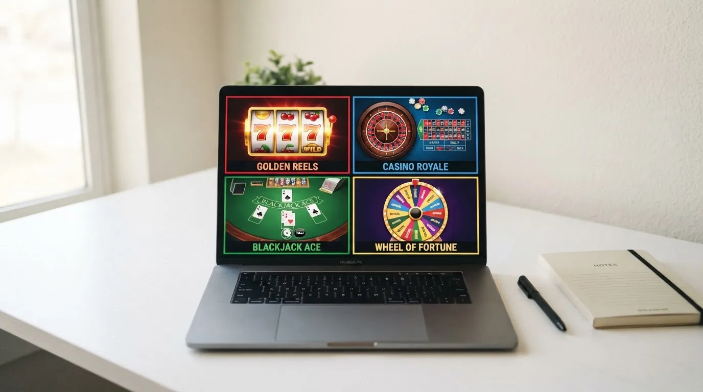 Mehrere Laptops nebeneinander mit unterschiedlichen Casino-Startseiten zum Vergleich.