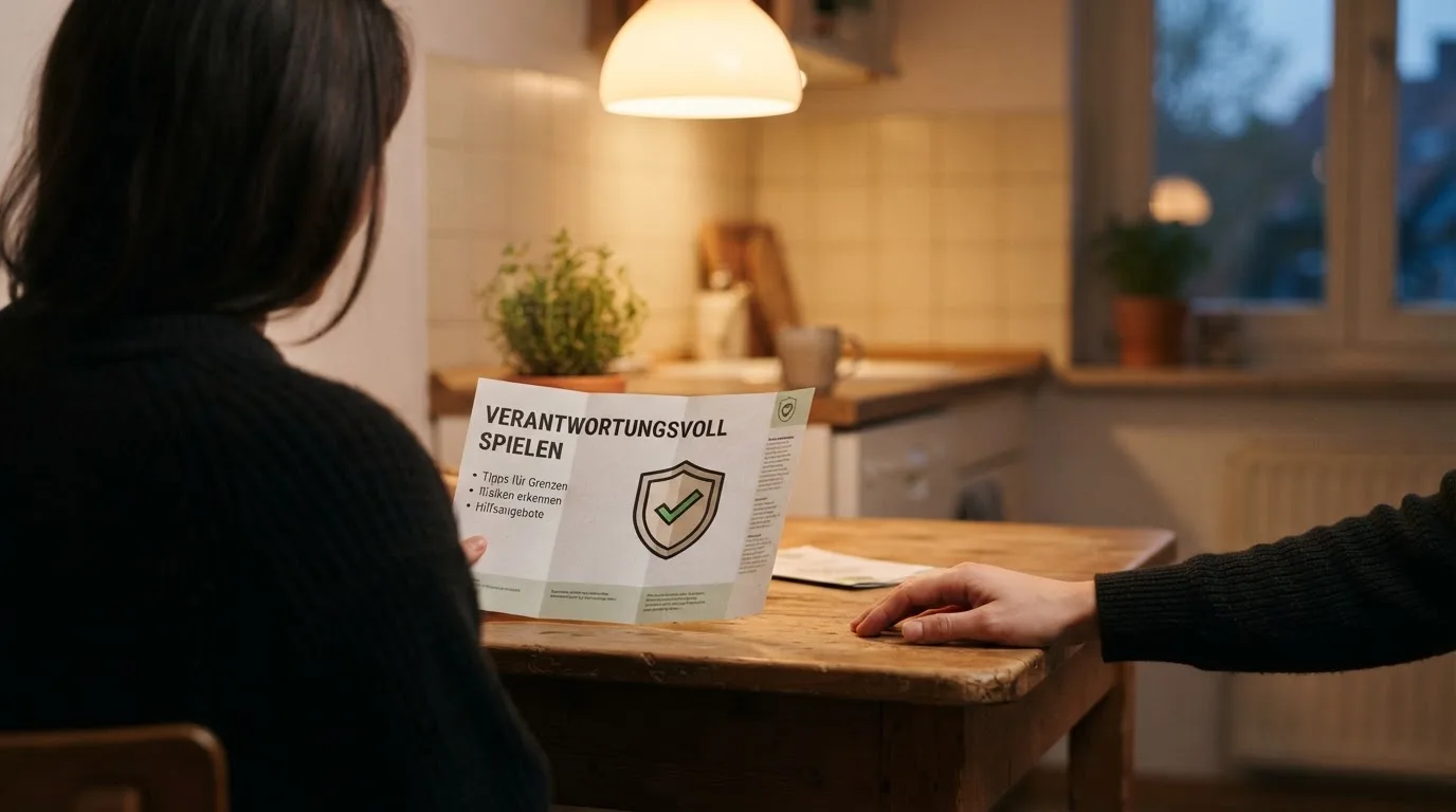 Person liest eine Informationsbroschüre zu verantwortungsvollem Spielen am Küchentisch.